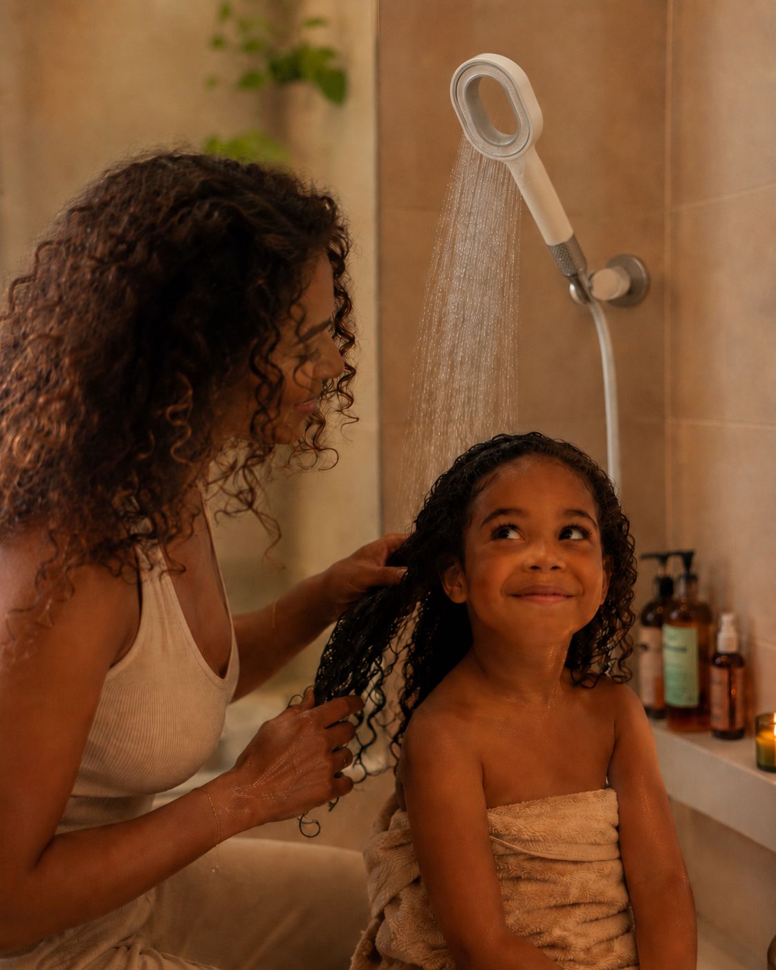 Mother washing daughter's curly hair with Lavero shower filter